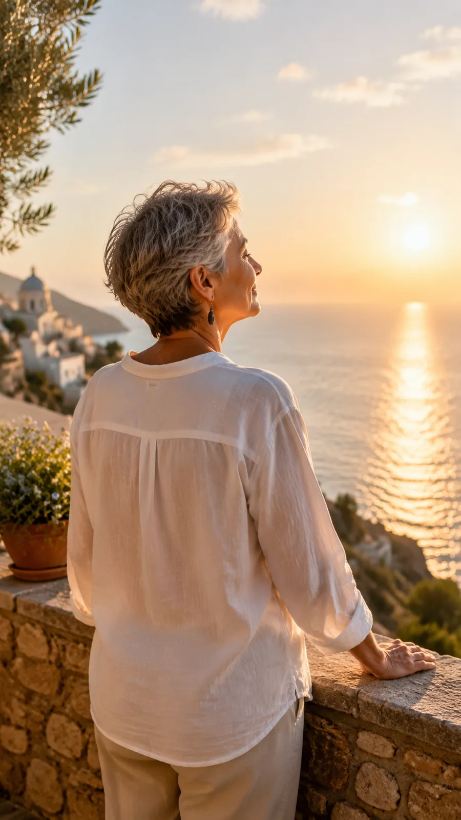 Eine Frau mit grauen Haaren blickt von einer Terrasse aufs Meer im Morgenlicht.